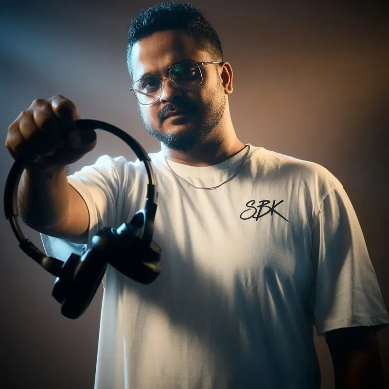 DJ Ajith holding his headphones out to the camera